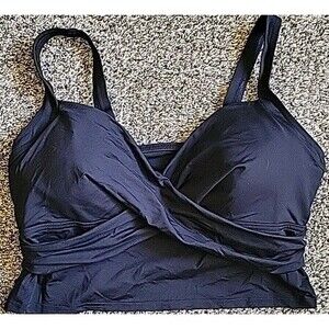 Swim Top Black 16W V-Neck Wrap Front Midkini 1X Lands End Solid Cropped  S930